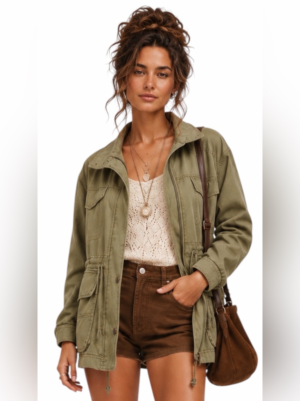 Free People – Arya Utility Jacket – Olive Green Military Cargo Jacket – Sz. L